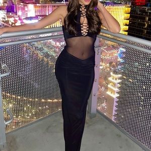 Fashion Nova Dress, mesh panel on stomach, cross tie on chest
